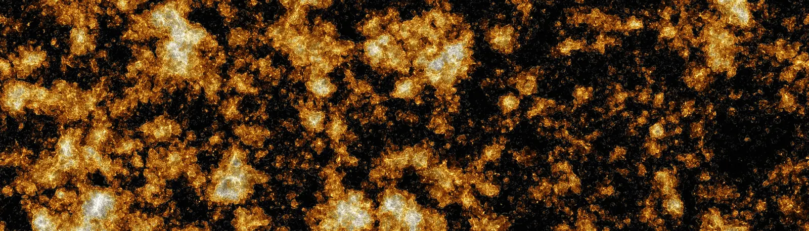 A slice showing the HII gas fraction at z = 7. Bright regions are ionized bubbles around galaxies, while dark regions are still neutral.