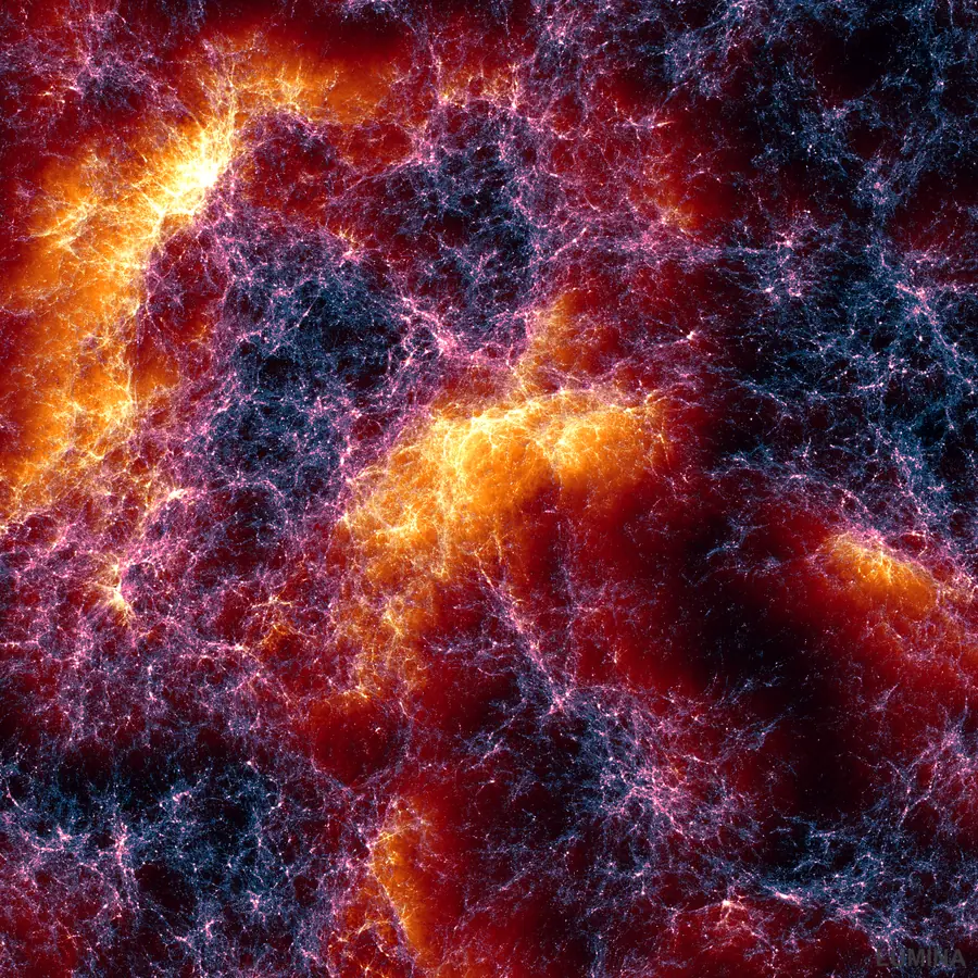 A 200 cMpc wide region of the Lumina volume at z = 4, combining the dark matter column density with a glow from the mass-weighted gas velocity. The fine filamentary web traces the dark matter, while warm orange and yellow tones highlight where gas is moving fastest, around the most massive nodes of the cosmic web.
