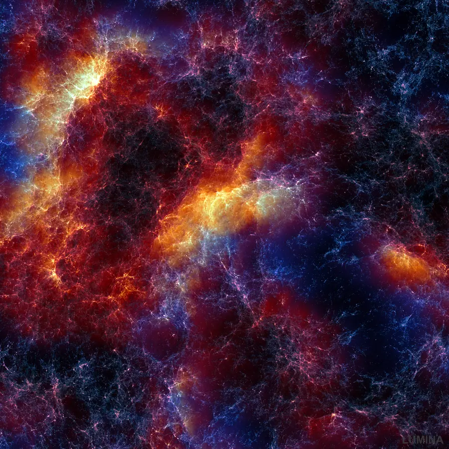 The same 200 cMpc region at z = 4, now also encoding the HeIII fraction. The gas velocity glow is colored warm where helium is already doubly ionized and cool blue where it is still singly ionized, so the image shows both the flow of gas around massive structures and the patchy progress of helium reionization.